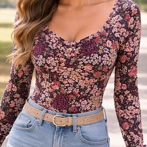 Floral Mesh Long-Sleeve Bodysuit - Pink Multi
